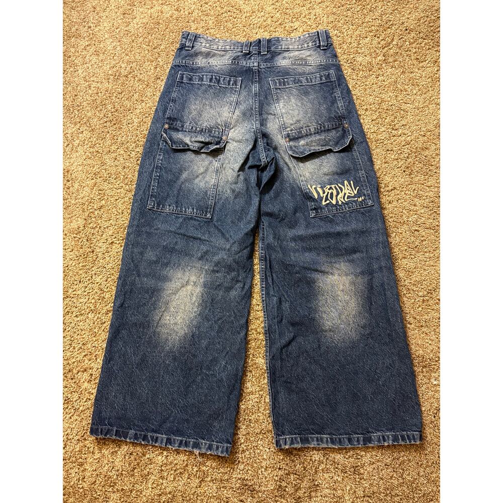Bershka Super Baggy Fit Jeans w/ Embroidery Great Fade Size 31 Y2K